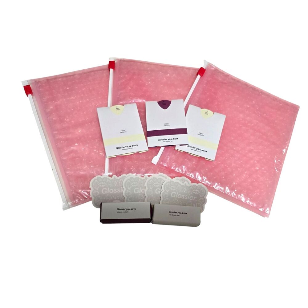 Glossier Lot 3x Bubble Makeup Pouch, Doux, Reve Deluxe Samples